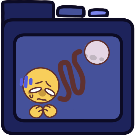A blue file folder with a distressed person on it. A squiggly line goes from the distressed person to another person.